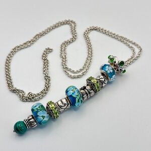 QG 925 Murano Glass Charm Stacked Beaded Necklace Jasper Crystal 30"